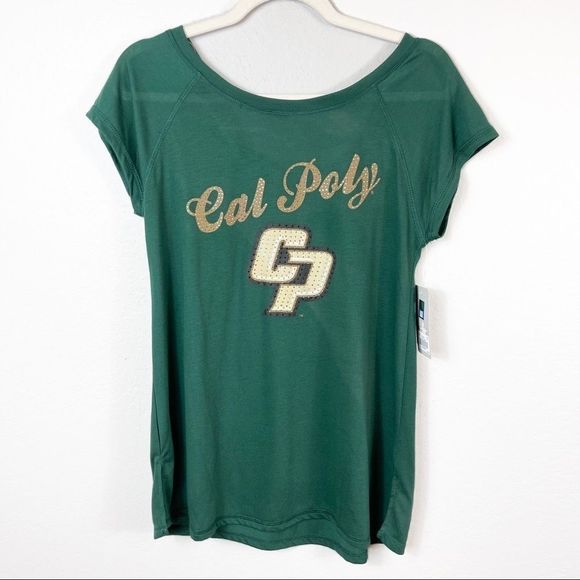 NWT CAL POLY COLOSSEUM Green Bedazzled Tee with Criss Cross Back Size M - Picture 1 of 10
